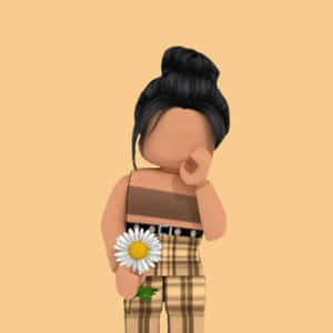 Roblox頭像拎住雛菊，黑色頭髮紮成髮髻，背景係蜜桃色。 — iPad (A16) 壁紙