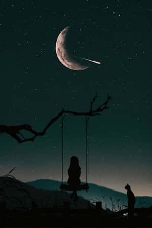 一個人同貓喺新月同流星下面盪鞦韆嘅剪影。 — 月色夜空 壁紙