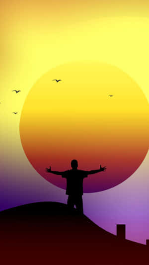 人站在山上張開雙臂，夕陽在他們身後落下，鳥兒飛翔 — 自由 壁紙