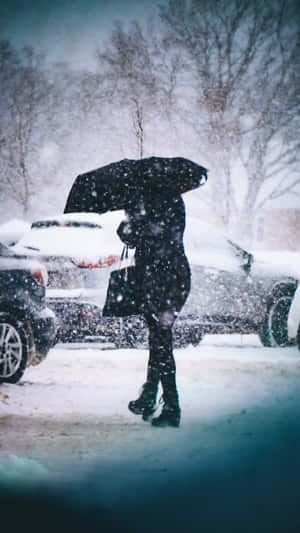 人在雪中撐傘，靠近停泊的汽車 — 雪 壁紙