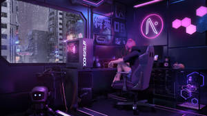 一個人在霓虹燈照亮的 cyberpunk 房間玩遊戲，窗上有雨，並有機械人同伴。 — 紫色美學 壁紙