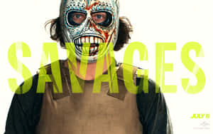 戴糖骷髏面具的人穿著棕色背心，文字為'SAVAGES'。 — 戰士 壁紙