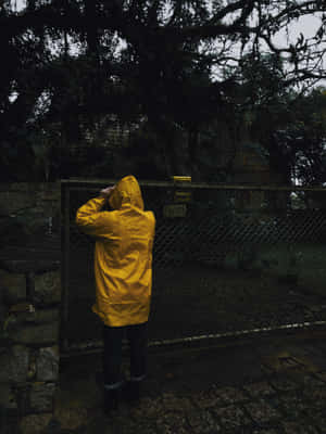 穿著黃色雨衣的人站在陰暗花園的金屬門前 — 雨天 壁紙