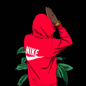 穿著紅色Nike連帽衫的人雙手抱頭，被綠色樹葉環繞。 — 卡通 壁紙