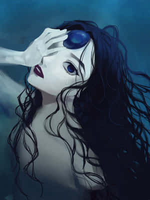 一個悲傷的動漫女孩，深色頭髮和發光的藍色眼睛在水下。 — 棕櫚樹 GIF 壁紙