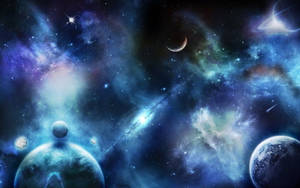 充滿活力的宇宙場景，深藍色和紫色的行星和發光的星雲。 — Astroworld GIF 壁紙
