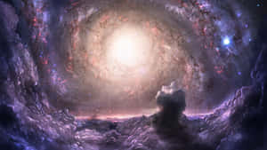 透過宇宙雲層看到的螺旋星系，有發光的星星和星雲。