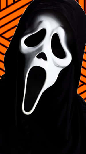 恐怖電影《奪命狂呼》中嘅 Ghostface 面具，襯住橙色條紋背景。 — 鬼滅之刃面具 壁紙