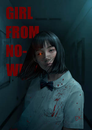 一個渾身是血、眼睛發出紅光的動漫女孩，在黑暗的學校走廊裡。 — Netflix GIF 壁紙