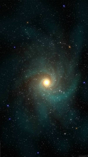 螺旋星系，帶有青綠色的旋臂和金色的核心，周圍環繞著星星。 — 銀河 壁紙