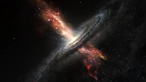 一個螺旋星系在深空中與發光的紅色星雲相撞。 — 銀河 壁紙