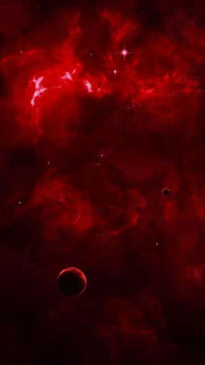 紅色星雲，帶有閃爍的星星和深空中的兩顆行星。 — 紅色 iPhone 壁紙