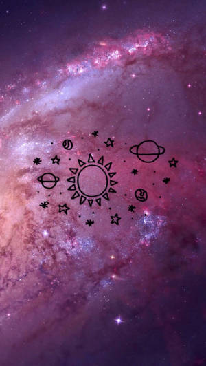 紫色星系，以黑色線條繪製太陽系行星和恆星。 — 銀河 壁紙