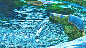一個長滿青苔的出水口將水倒入一個藍色漣漪的水池中。 — 16:9 壁紙