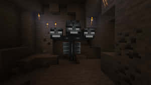 一個在火炬照亮的石頭地牢中的 Minecraft 喪屍。