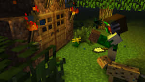 Minecraft中的喪屍在夜晚手持劍靠近木屋。 — 蜘蛛 壁紙