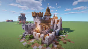 一個由石頭和木頭製成的Minecraft城堡，在草地上有發光的燈籠。 — 城堡 壁紙
