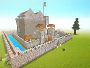 Minecraft城堡，有護城河和旗幟，在草地上有樹 — 城堡 壁紙