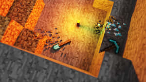 Minecraft像素藝術，顯示熔岩、鑽石工具和火炬在木地板上。 — 最佳 Minecraft 壁紙