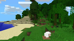 在像素化的Minecraft世界中，一隻白色的羊在靠近海洋和樹木的海灘附近的草地上吃草。 — 我的世界 壁紙