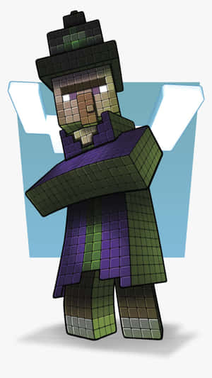 一個像素藝術風格的Minecraft女巫角色，戴著綠色帽子和紫色長袍。 — 女巫 GIF 壁紙