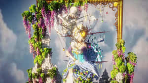 像素化Minecraft女王在寶座上，有紫藤和金色框架，陰天背景