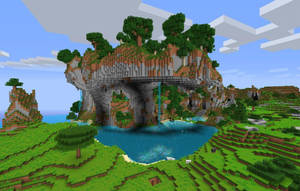 Minecraft島嶼，有瀑布和池塘，周圍是草丘和樹木。 — 森林 壁紙