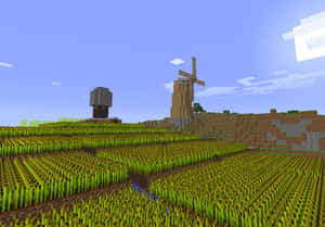 Minecraft風車和石結構，在藍天下的綠色山丘上 — 我的世界 壁紙