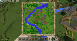Minecraft村莊，有河流和木屋，採用方塊像素風格。