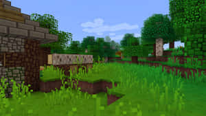 Minecraft村莊，有木屋和綠樹，在藍天下 — 我的世界 壁紙