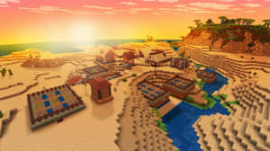 Minecraft沙漠村莊，有河流和夕陽 — 我的世界 壁紙