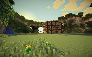 一個Minecraft村莊，有木屋和像素化樹木，天空呈方塊狀。 — 花園牆外 壁紙