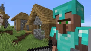 穿著青綠色盔甲的Minecraft村民站在木屋和石屋附近。 — 我的世界 壁紙