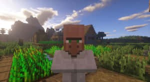 Minecraft村民在草地上，背景有木頭小徑和村莊。 — 我的世界 壁紙