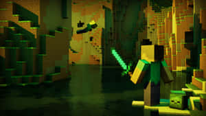 Minecraft玩家在叢林中靠近水邊持劍，有爬行者 — 我的世界 壁紙