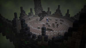 Minecraft玩家在黑暗的石頭競技場中與一隻巨大的生物戰鬥。