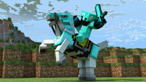 Minecraft玩家喺草地山丘上騎住一匹青色嘅馬。