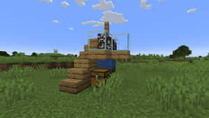 Minecraft玩家在藍天下草地上的木平台上 — 牛 壁紙