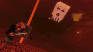 Minecraft玩家在地獄堡壘中與幻影戰鬥，有熔岩和金塊。