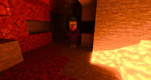 Minecraft角色在地獄堡壘中，有熔岩和紅色磚塊 — 女巫 GIF 壁紙