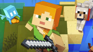 Minecraft玩家持劍站在羊和蠑螈旁邊的方塊世界