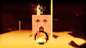 像素化的Minecraft玩家站在一個巨大的像素化臉上，有發光的眼睛和火焰。 — 型格 Minecraft 壁紙