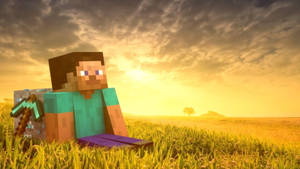 Minecraft角色坐在草地上手持鑽石劍於日落時分 — 遊戲 壁紙
