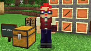 紅髮戴眼鏡的Minecraft角色站在工作台和儲物箱附近。