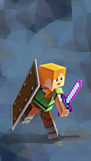 Minecraft角色以像素風格手持劍和盾牌。 — 我的世界 壁紙