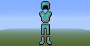 像素化的Minecraft角色穿著青色盔甲站在藍天下的草地上