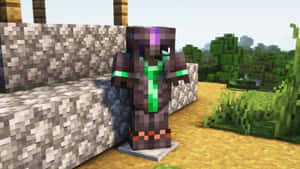 穿著綠色盔甲的Minecraft角色站在森林石牆旁