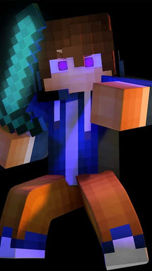 Minecraft角色在黑暗背景中拿著鑽石劍