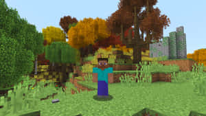 Minecraft角色在秋日森林中，有色彩繽紛的樹木和方塊地形。 — 型格 Minecraft 壁紙