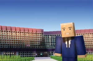Minecraft角色穿著藍色西裝站在現代玻璃建築前。 — MacBook 壁紙
